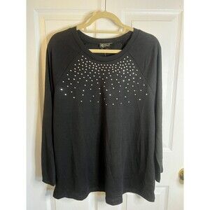 DG2 Diane Gilman Black With Rhinestone Accent Long Sleeve Top Size Large NWT